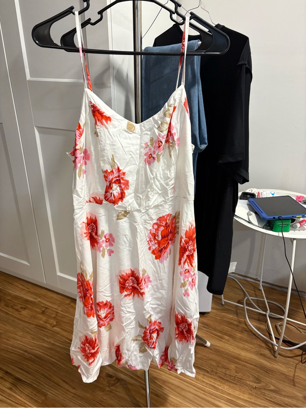 Floral Slip Dress - White with Red Floral Print